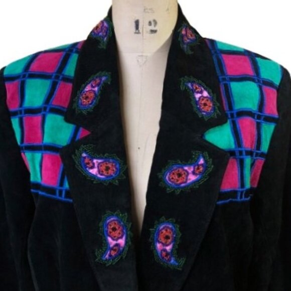 Vintage suede leather paisley beaded collar blazer jacket - Picture 2 of 15